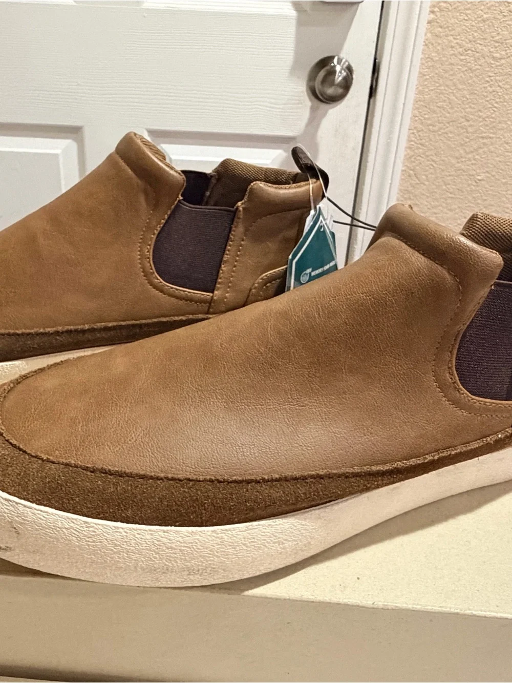 Men's Brown Leather-Style Slip-On Boots with White Sole